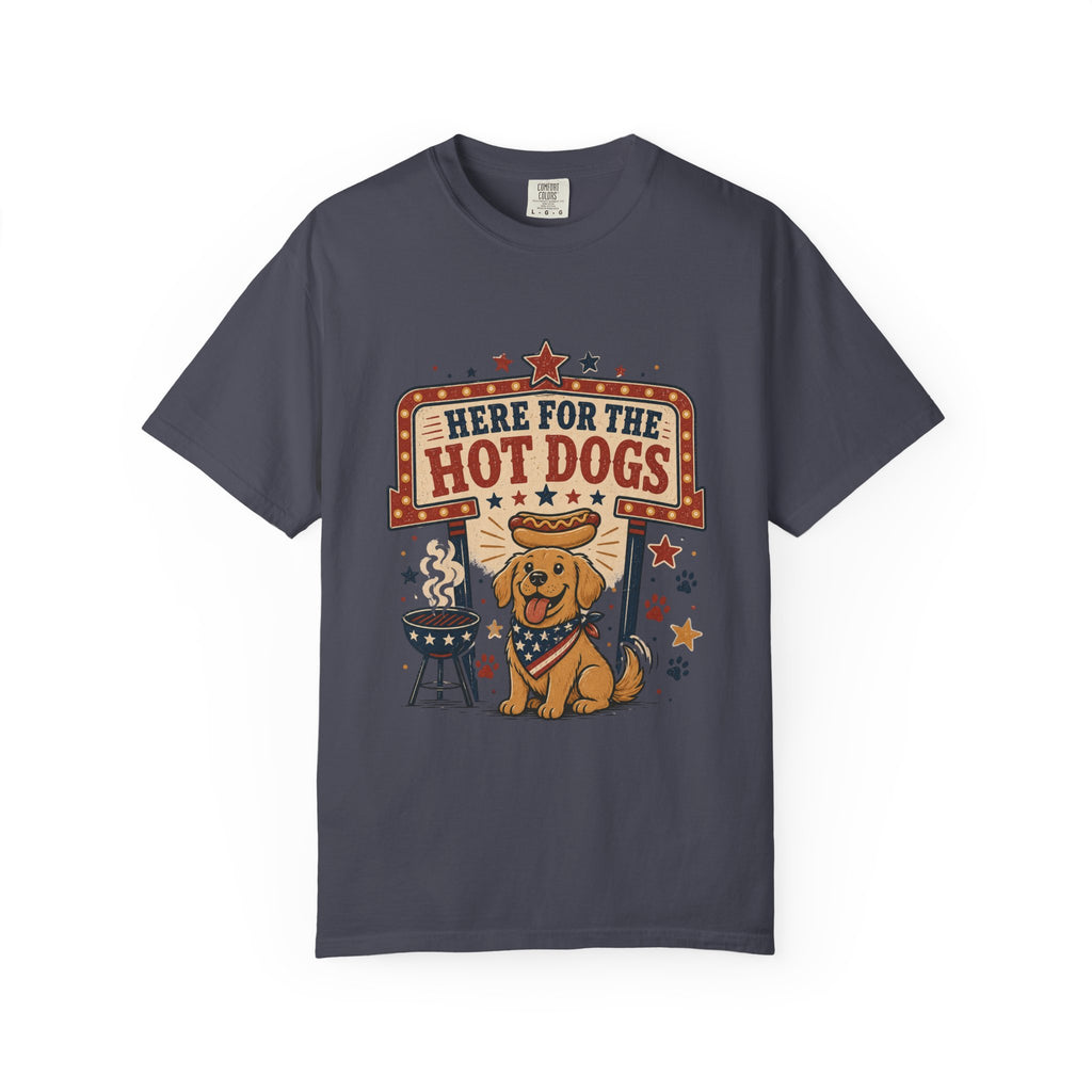 Here for the Hot Dogs 4th of July T-Shirt — Patriotic BBQ Dog Graphic Tee