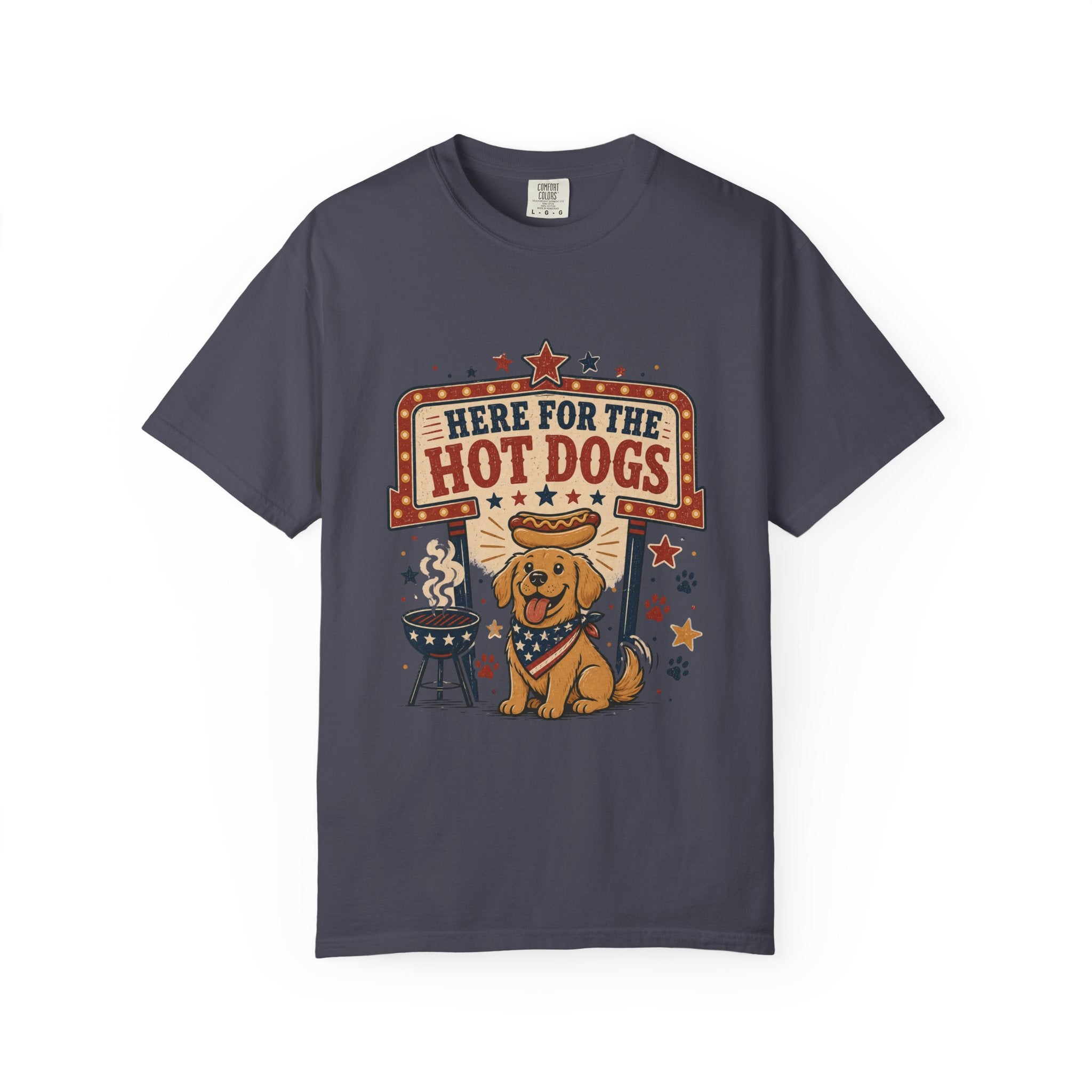 Here for the Hot Dogs 4th of July T-Shirt — Patriotic BBQ Dog Graphic Tee
