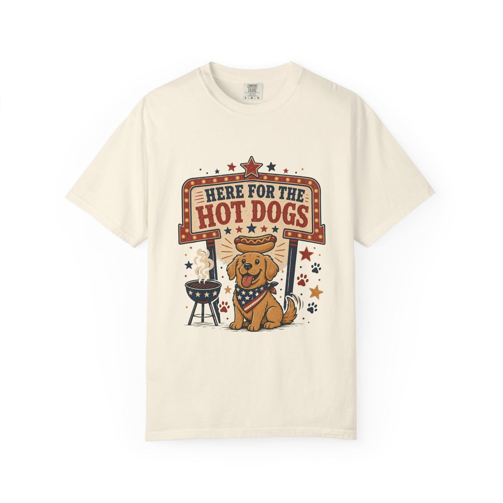Here for the Hot Dogs 4th of July T-Shirt — Patriotic BBQ Dog Graphic Tee