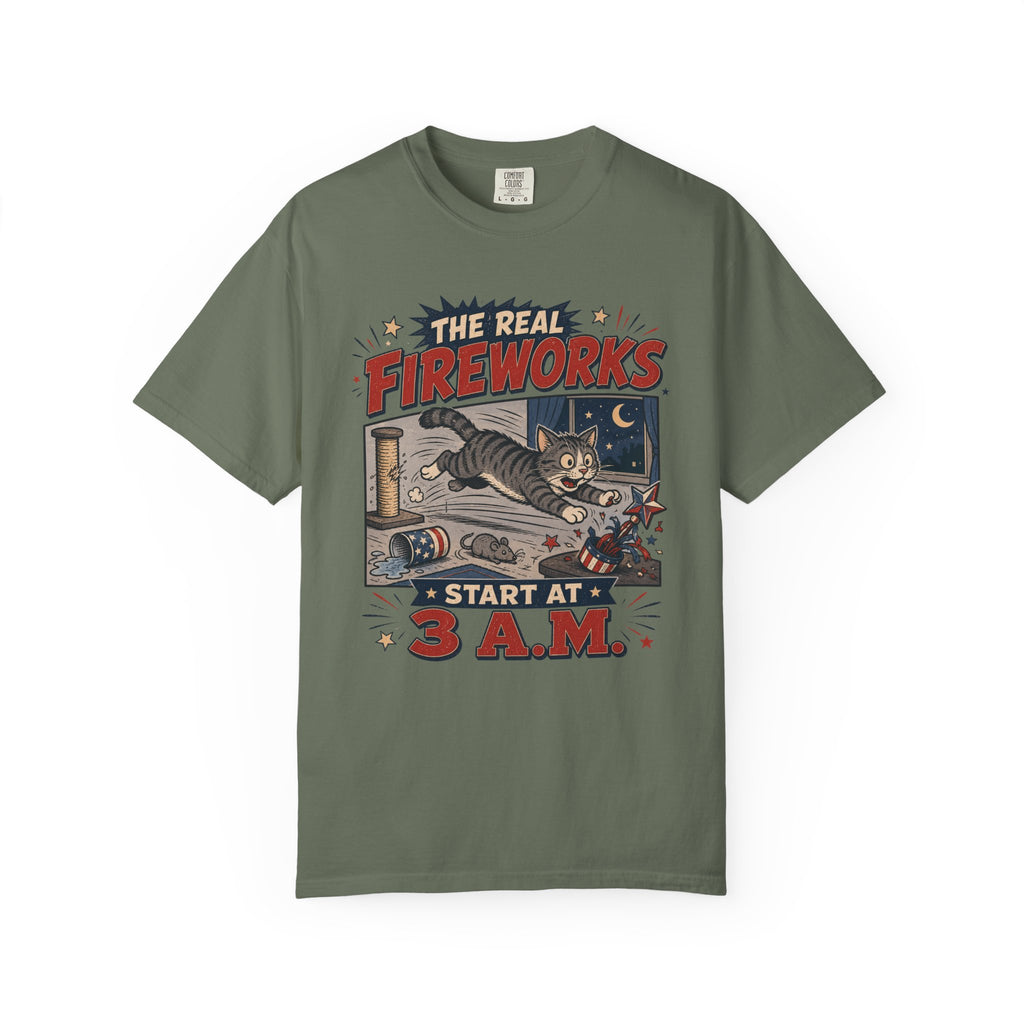 The Real Fireworks Start at 3 A.M. 4th of July Cat T-Shirt - Vintage Nightlife Graphic Tee