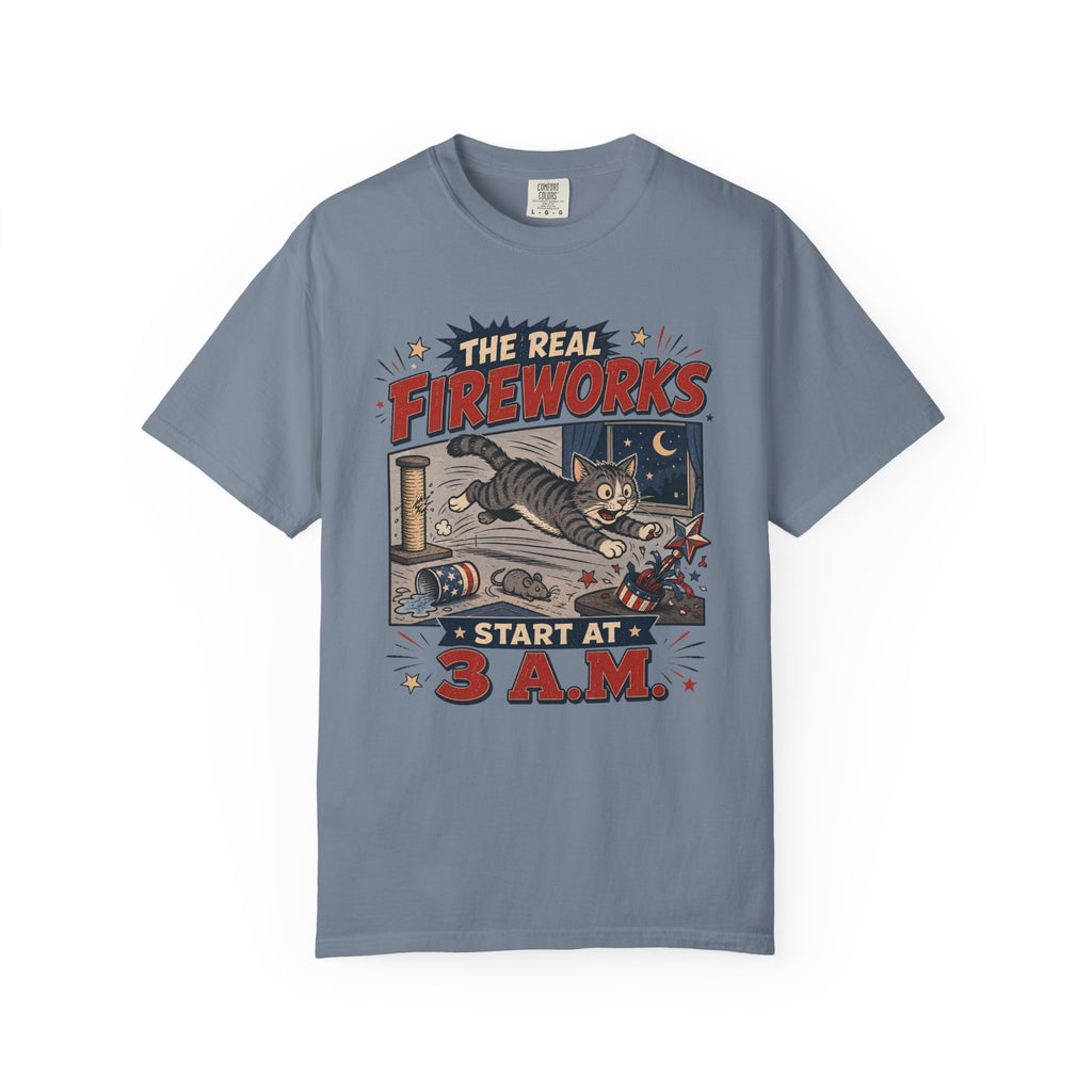 The Real Fireworks Start at 3 A.M. 4th of July Cat T-Shirt - Vintage Nightlife Graphic Tee