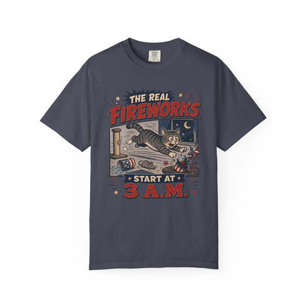 The Real Fireworks Start at 3 A.M. 4th of July Cat T-Shirt - Vintage Nightlife Graphic Tee