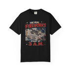 The Real Fireworks Start at 3 A.M. 4th of July Cat T-Shirt - Vintage Nightlife Graphic Tee