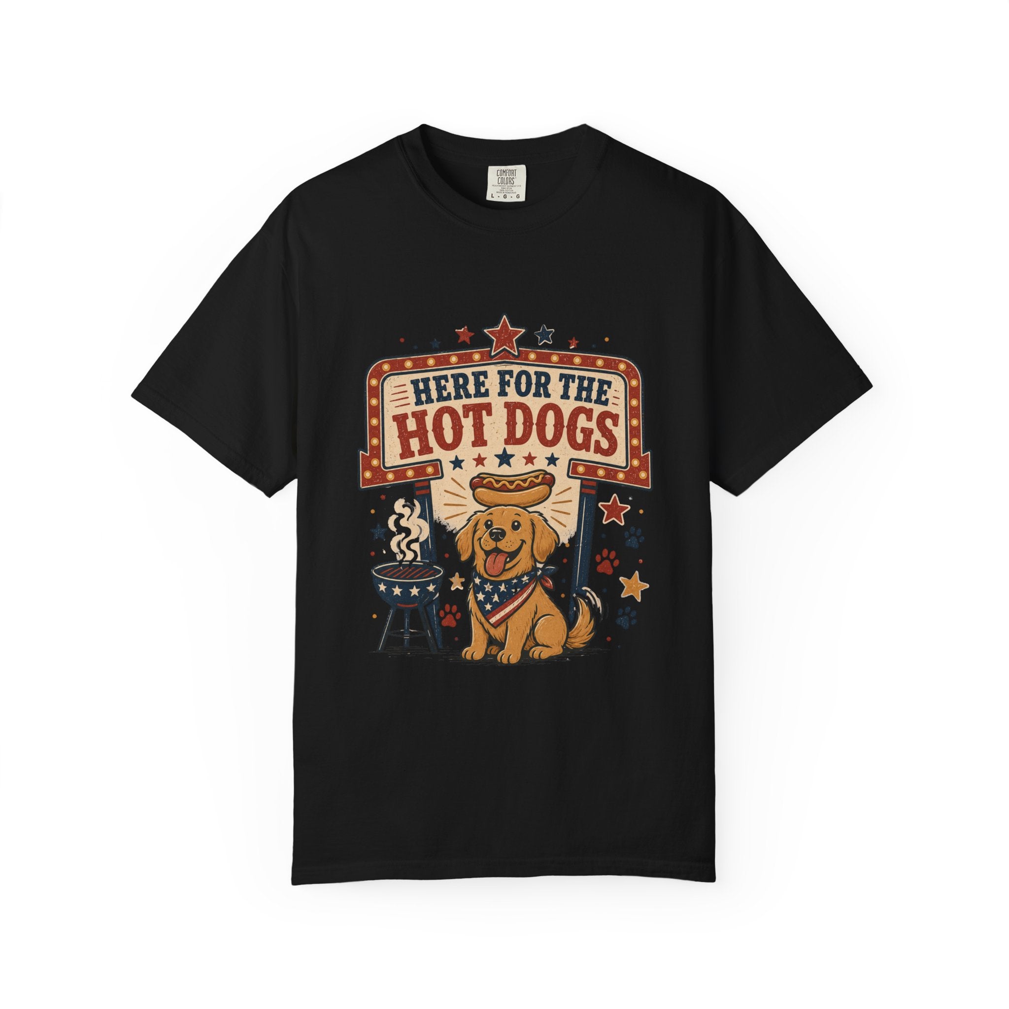 Here for the Hot Dogs 4th of July T-Shirt — Patriotic BBQ Dog Graphic Tee