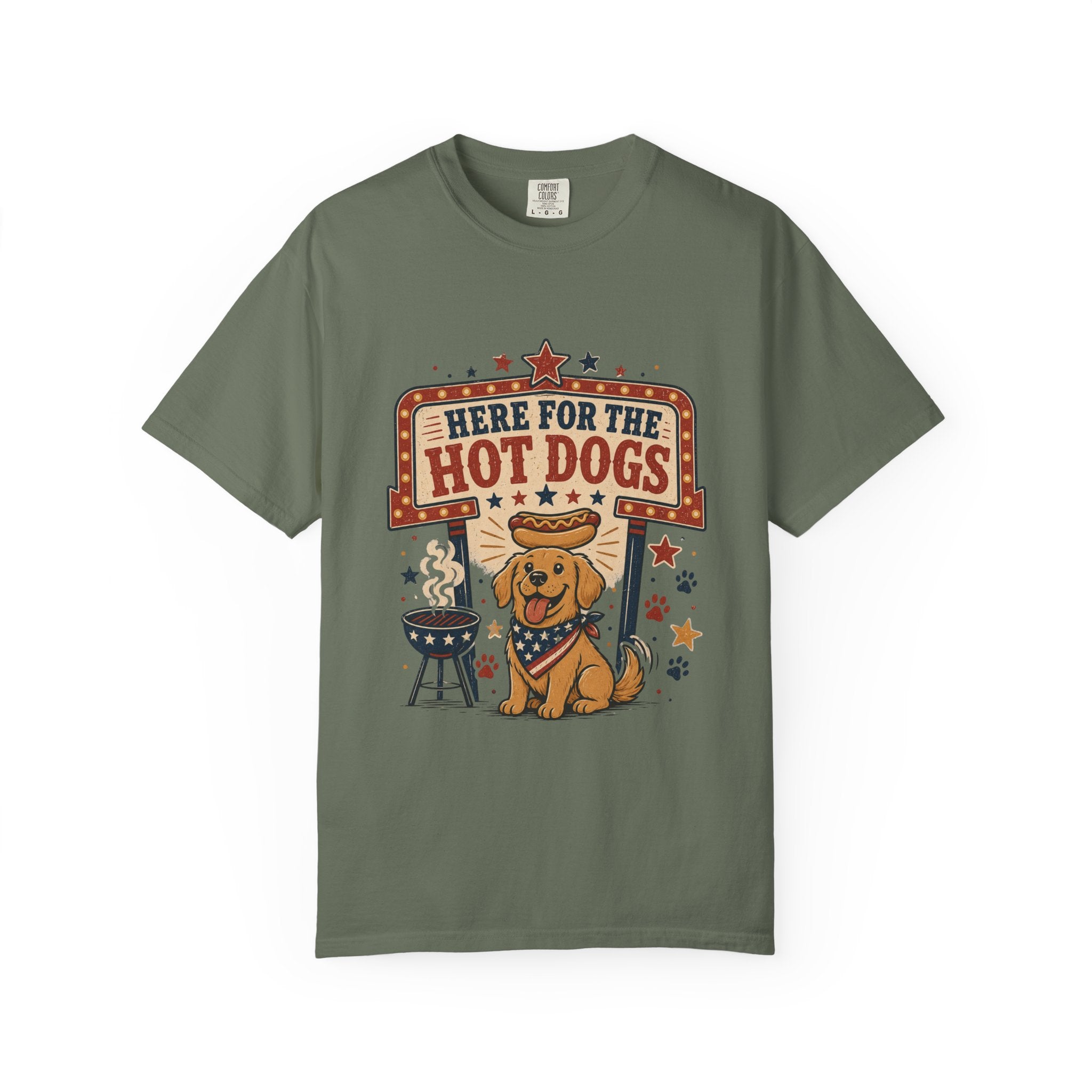 Here for the Hot Dogs 4th of July T-Shirt — Patriotic BBQ Dog Graphic Tee