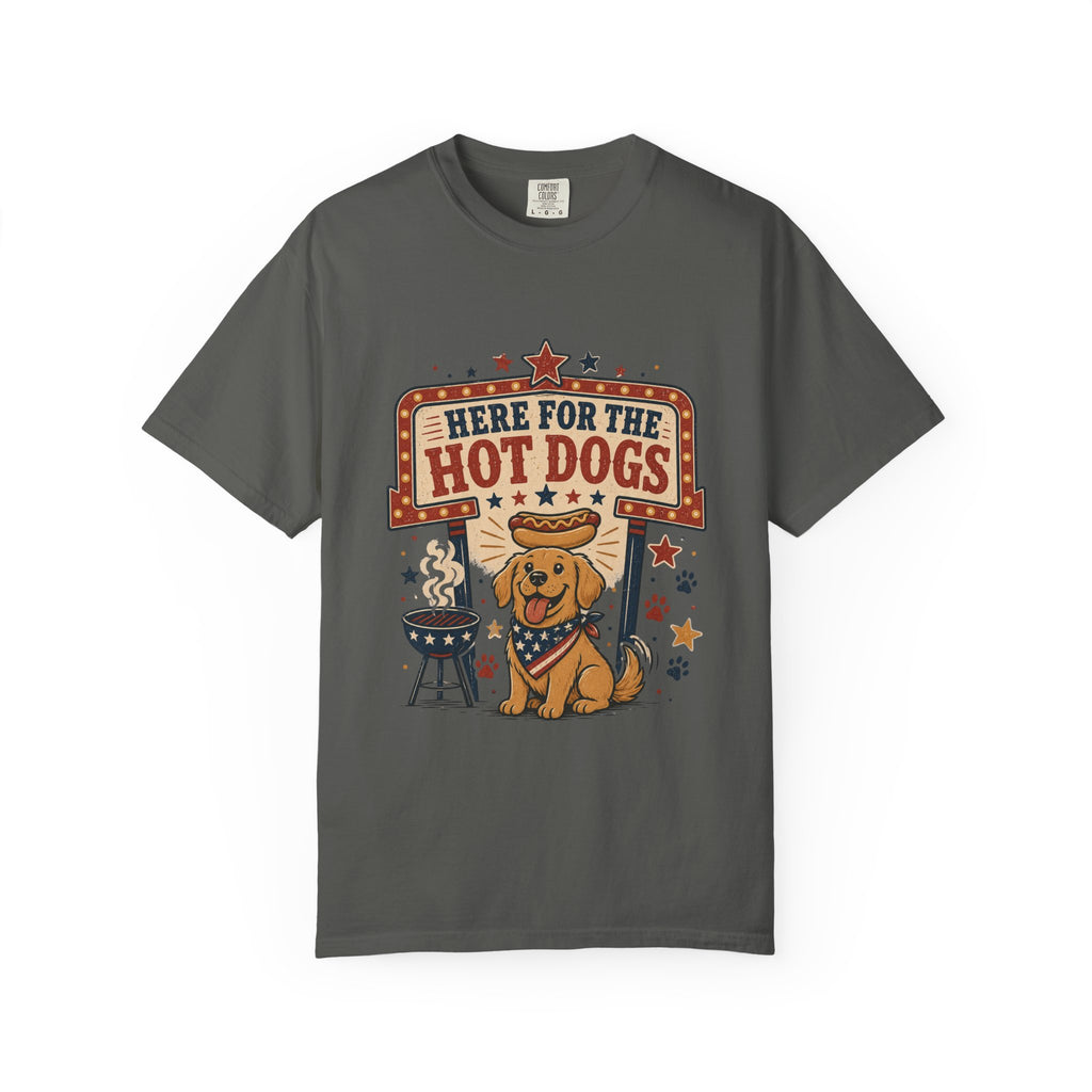 Here for the Hot Dogs 4th of July T-Shirt — Patriotic BBQ Dog Graphic Tee