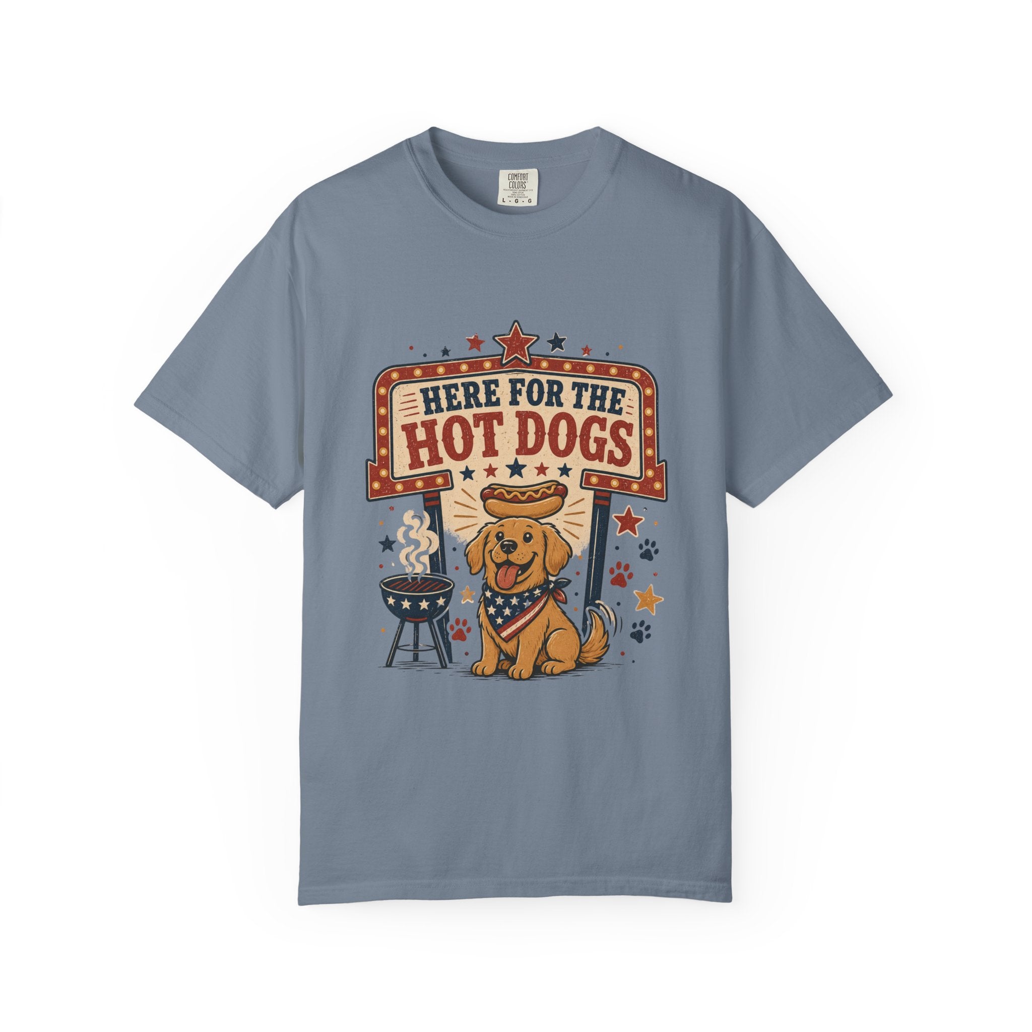 Here for the Hot Dogs 4th of July T-Shirt — Patriotic BBQ Dog Graphic Tee