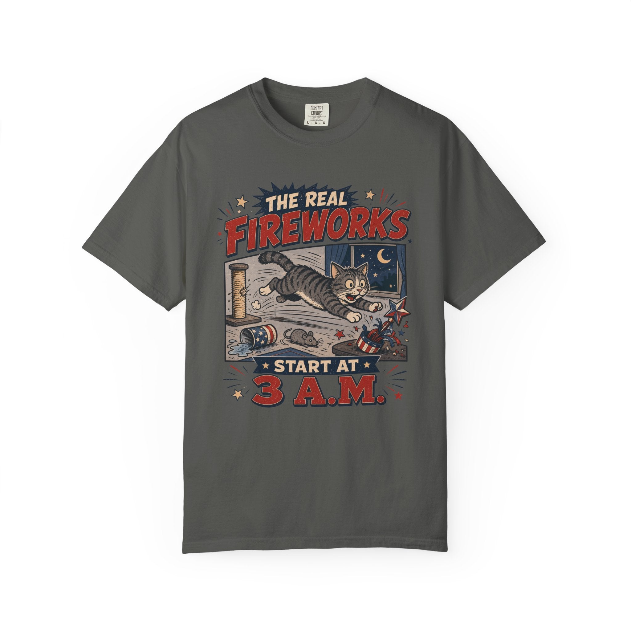 The Real Fireworks Start at 3 A.M. 4th of July Cat T-Shirt - Vintage Nightlife Graphic Tee