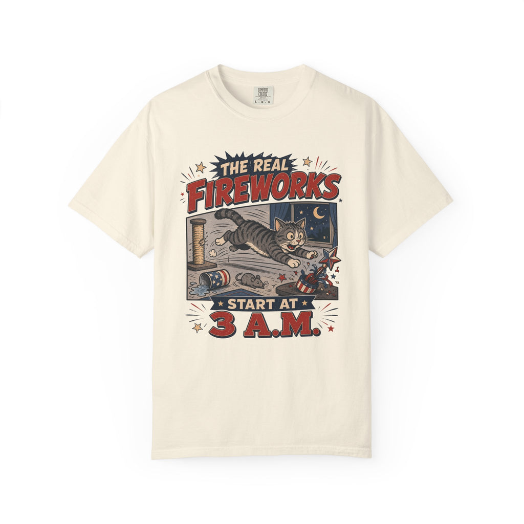 The Real Fireworks Start at 3 A.M. 4th of July Cat T-Shirt - Vintage Nightlife Graphic Tee