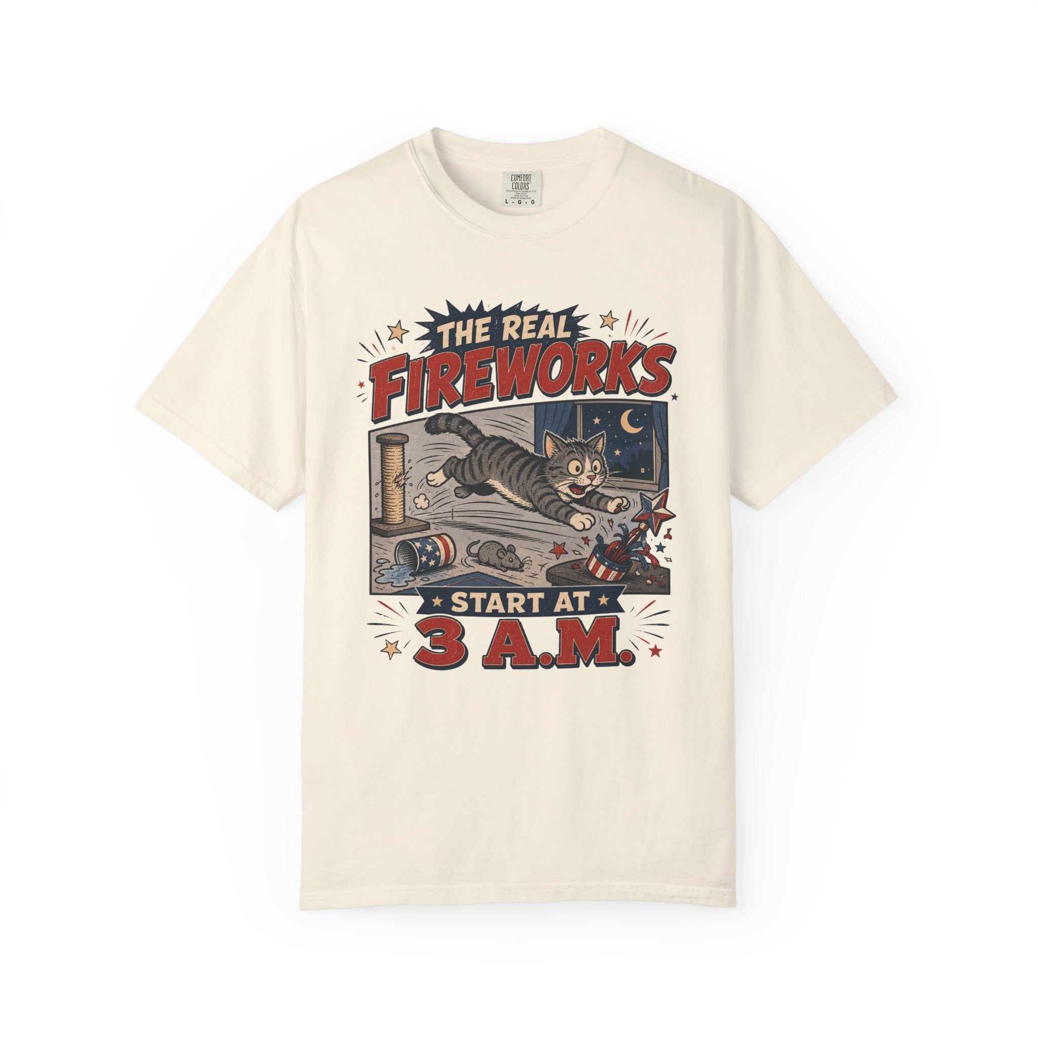 The Real Fireworks Start at 3 A.M. 4th of July Cat T-Shirt - Vintage Nightlife Graphic Tee